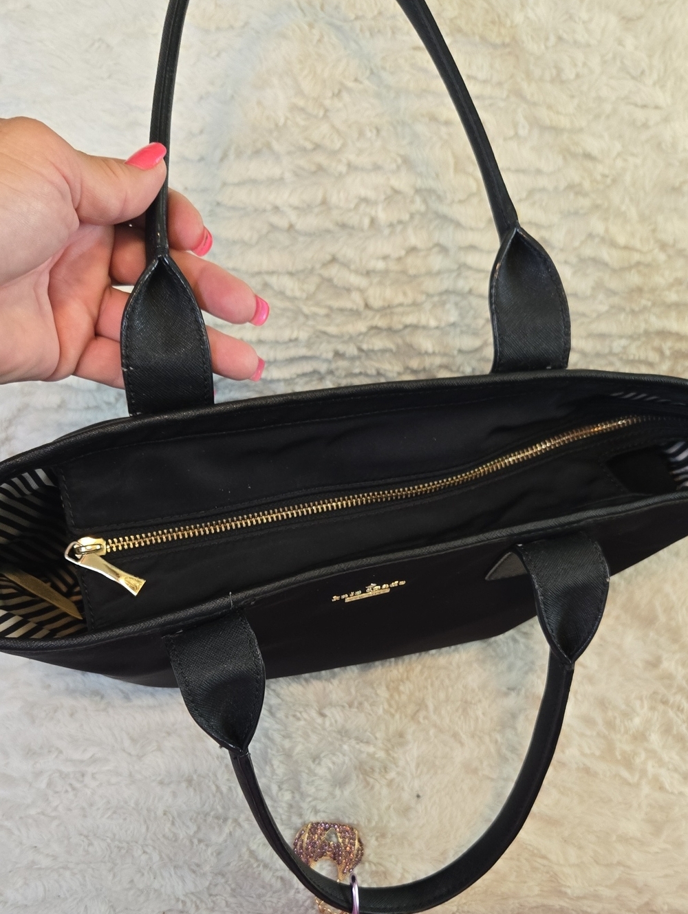 kate spade Black Nylon/ Leather Tote Bag With Added Charm EUC - Picture 7 of 10